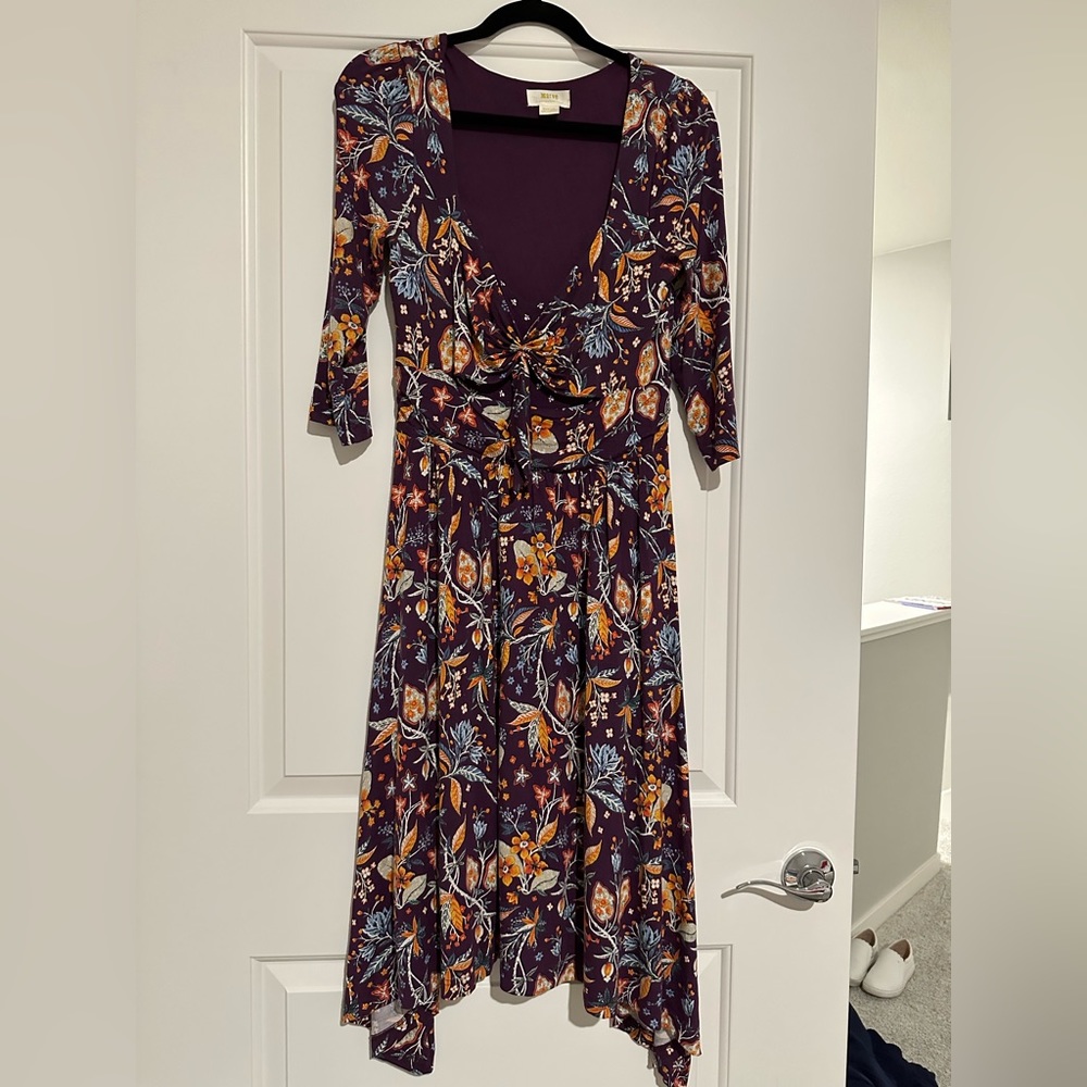 Maeve, maroon flower print dress button down dress - M